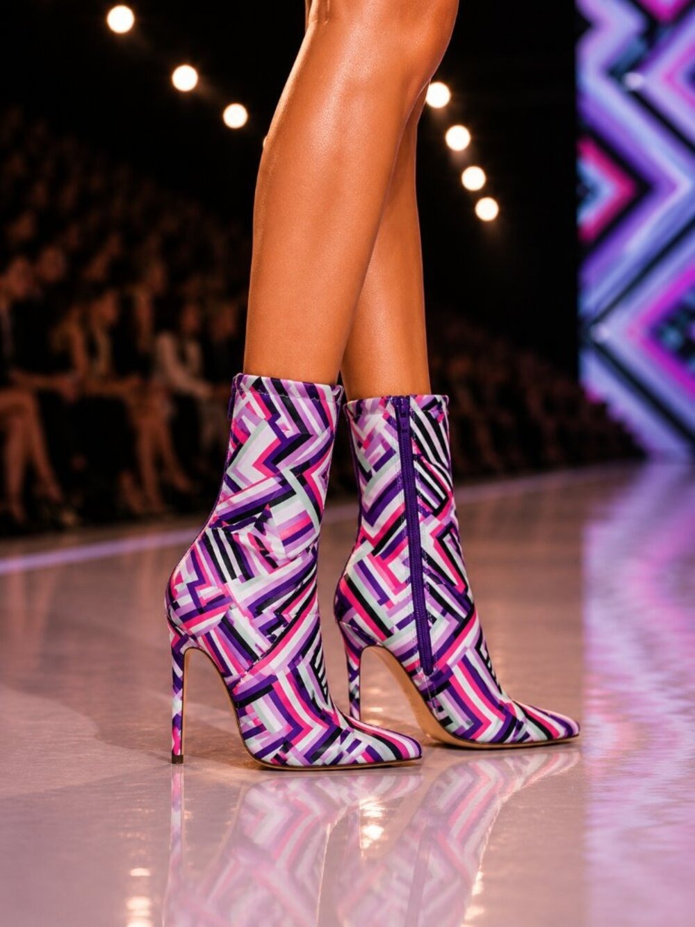 Odin Crazy Wild Color Pattern High Heel Stretch Fabric Ankle Boots - Purple Pink